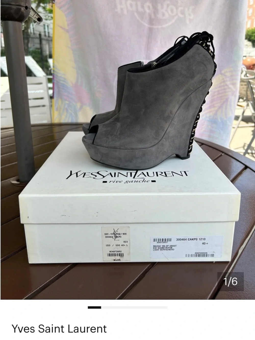 Yves Saint Laurent Gray Suede Peep-Toe Chain-Back Wedge Booties